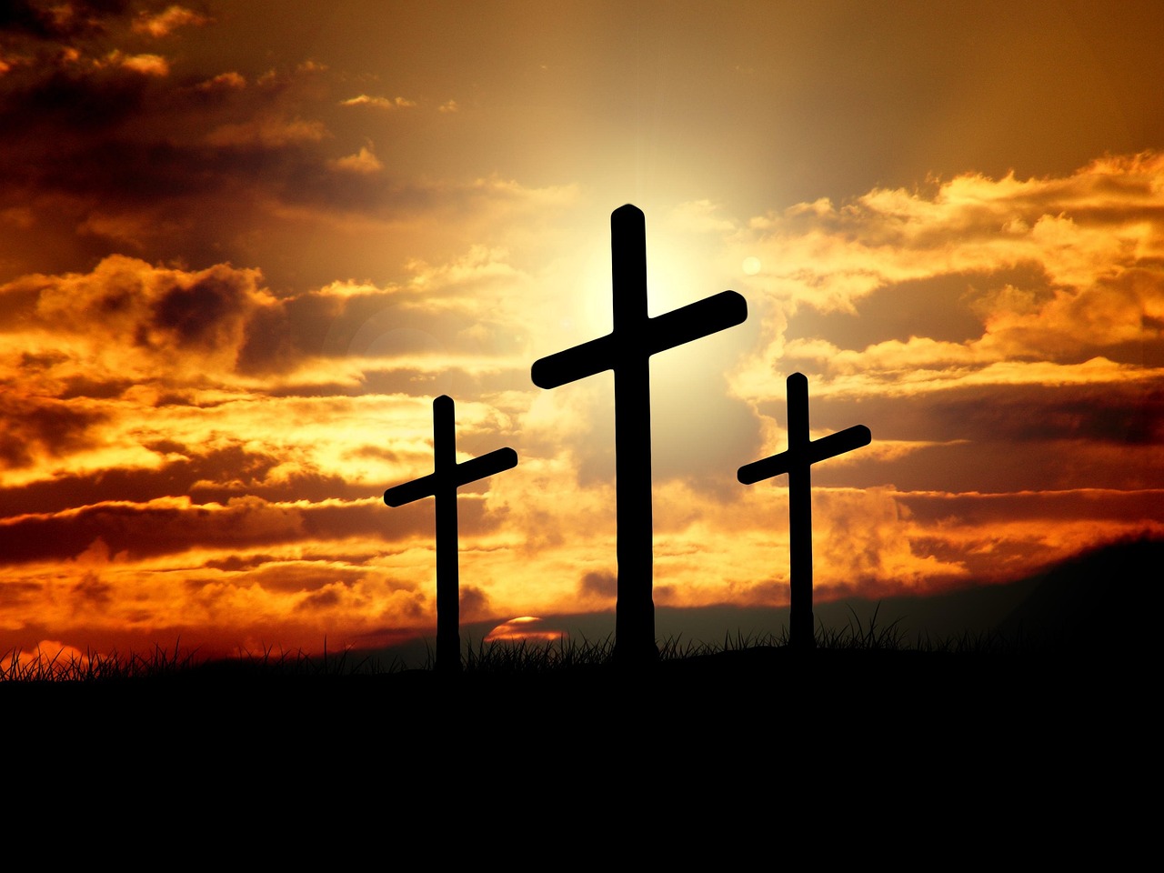 crosses, sunset, silhouettes, dusk, dawn, twilight, clouds, sky, sunrise, hill, nature, crucifixion, resurrection, christianity, christ, faith, god, jesus, easter, religion