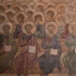 Intricate fresco depicting saints in an Orthodox church setting, showcasing historic religious art.